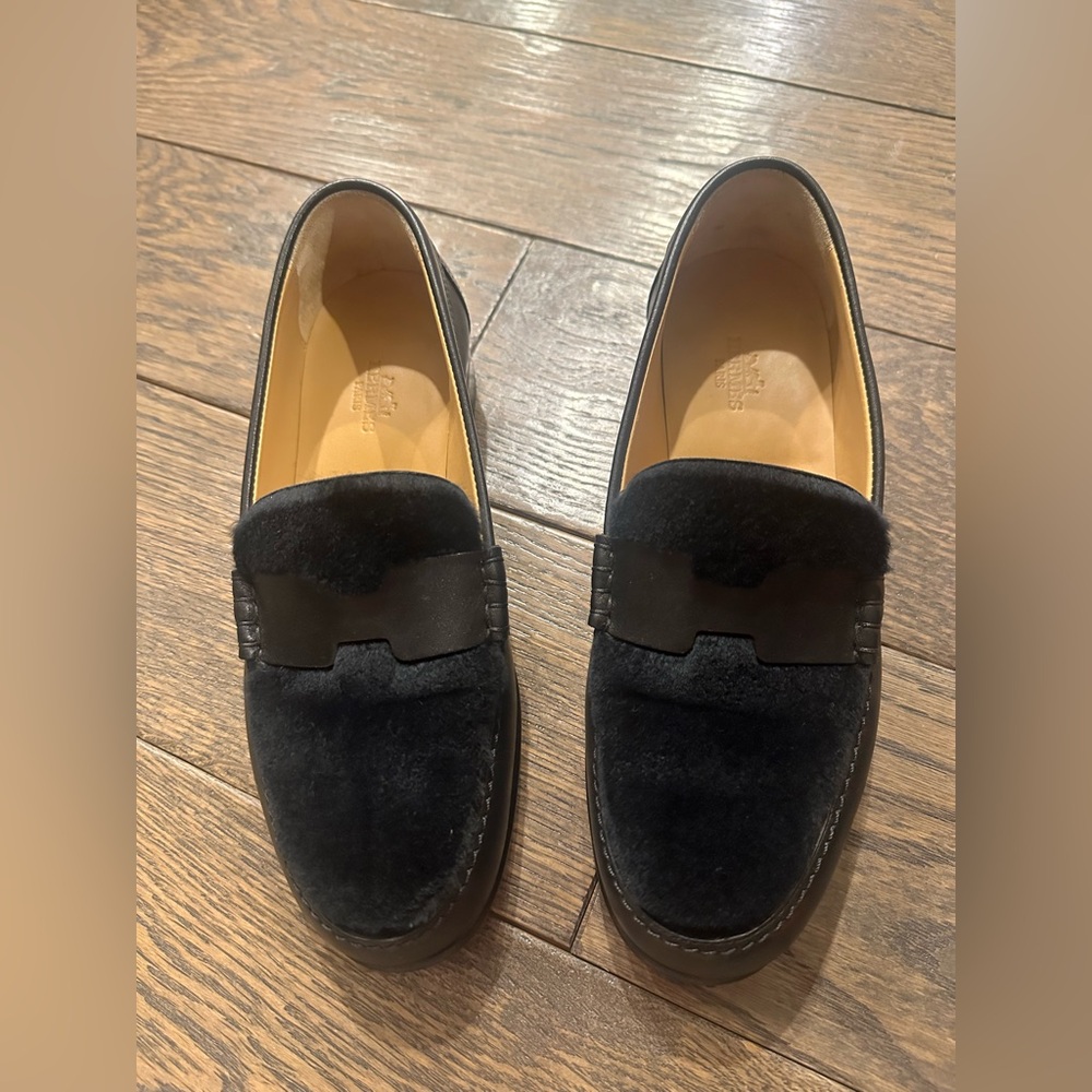 Hermes leather and shearling loafers